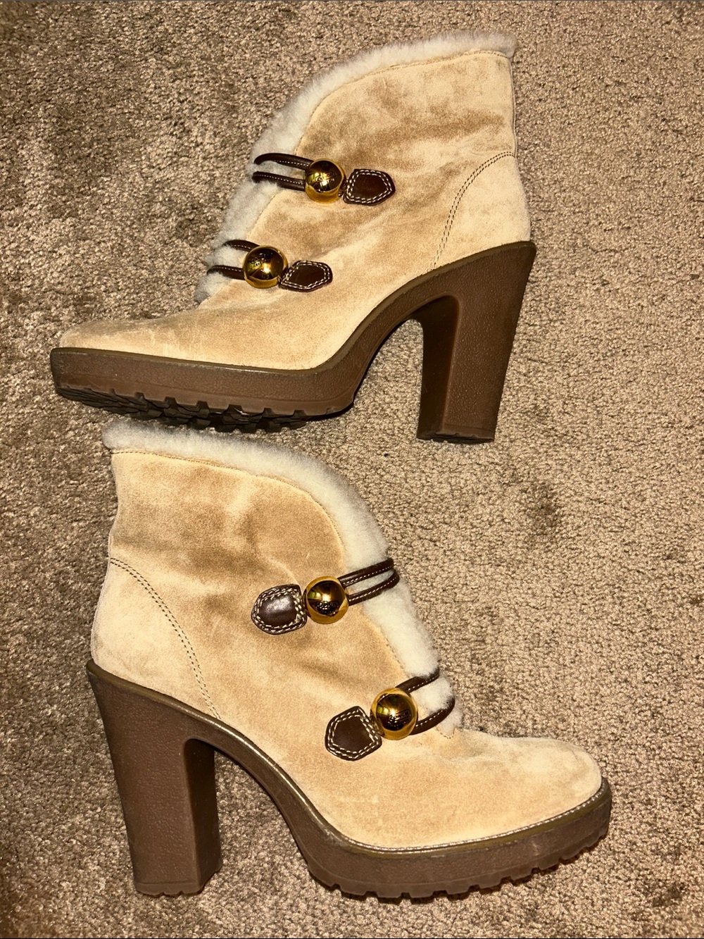 Coach Lenora Tan Suede Shearling-Trim Block Heel Boots